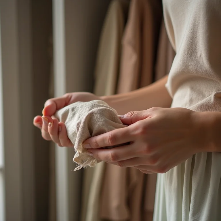 Mãos femininas dobrando lenço de seda em closet organizado