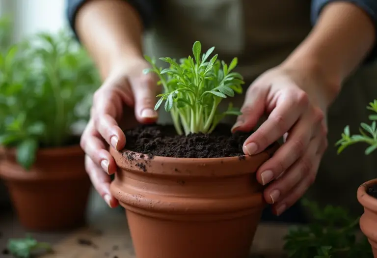 Mãos femininas plantando sementes de rúcula em vaso de terracota.