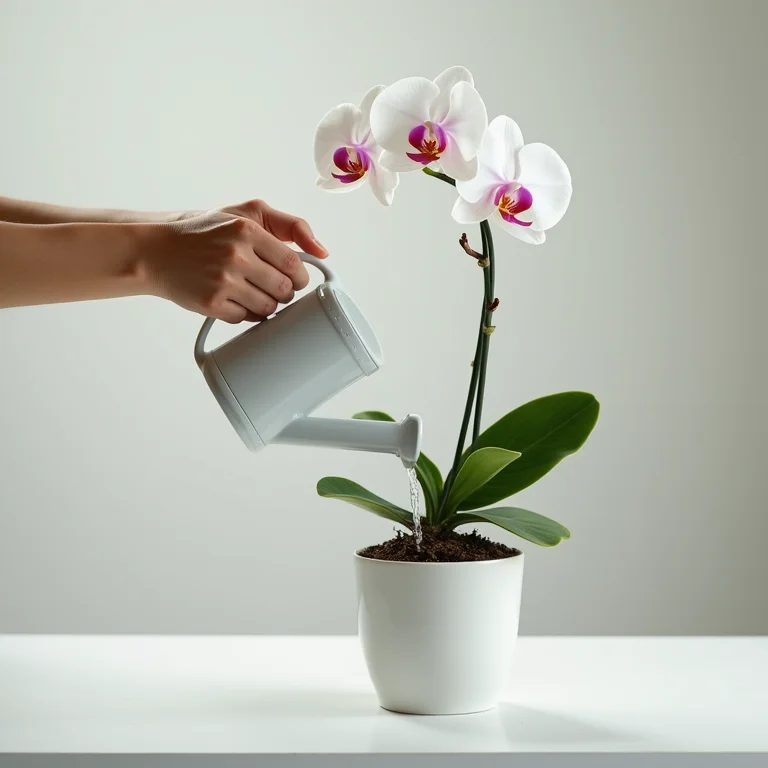 Mãos femininas regando orquídea branca em vaso com regador