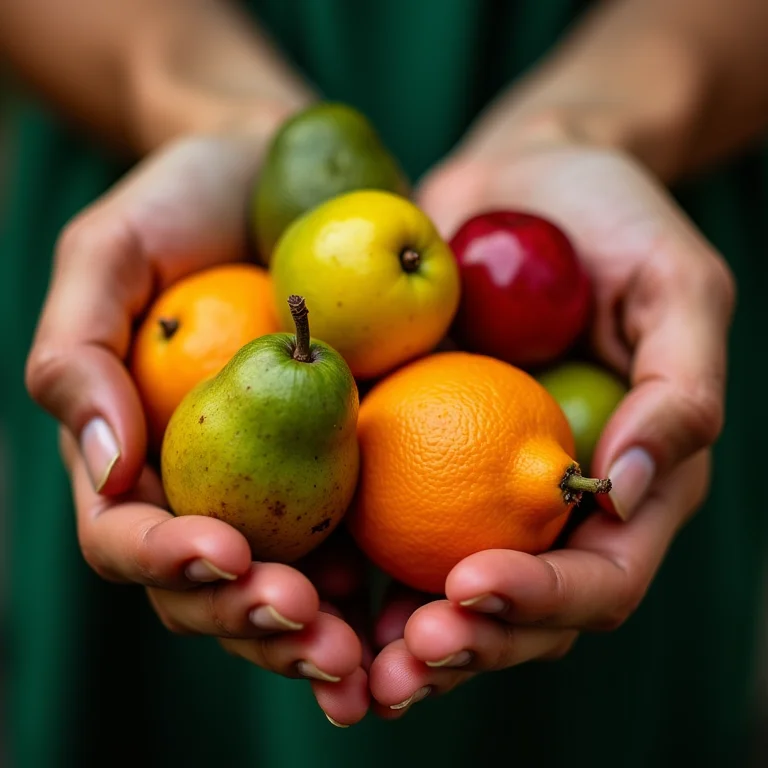 Mãos indígenas segurando frutas tropicais