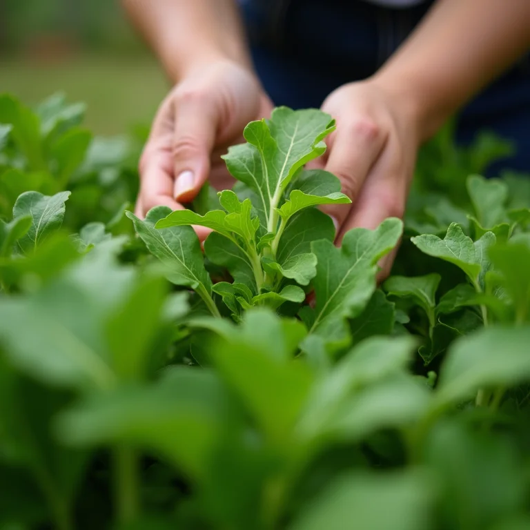 Mãos inspecionando as folhas de rúcula em busca de pragas e doenças.
