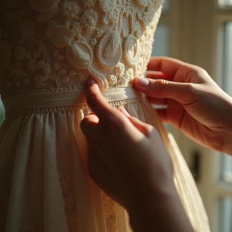 Mãos inspecionando o tecido de um vestido vintage