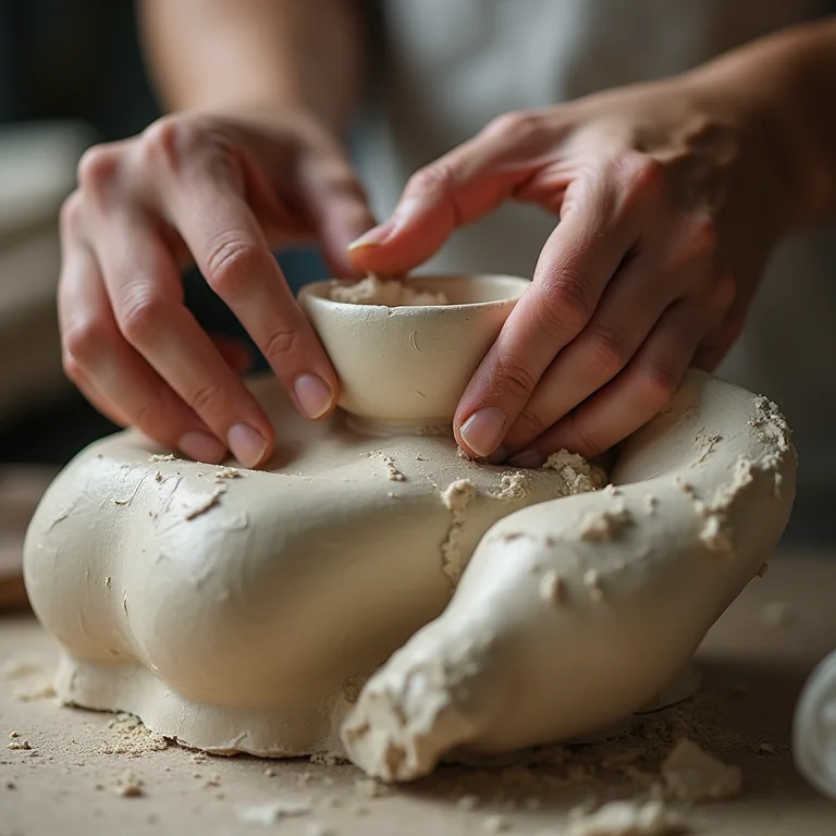 Mãos modelando papel machê em uma escultura