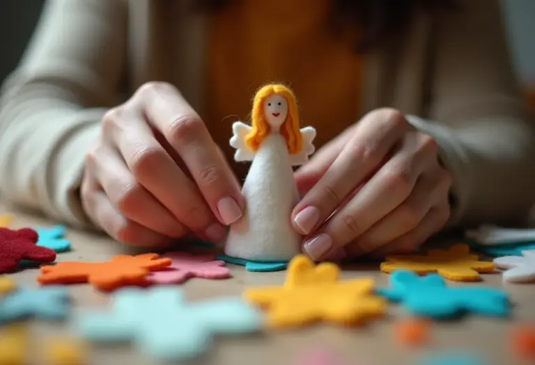 Mãos montando anjo de feltro artesanal