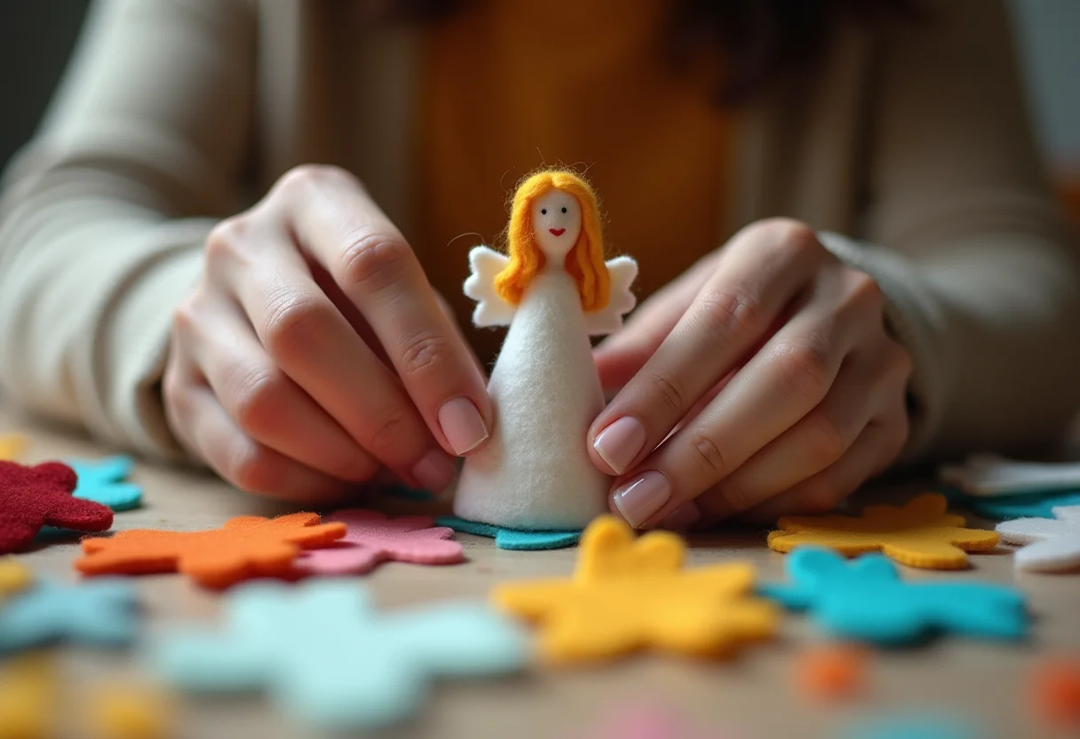 Molde de anjo: 5 ideias criativas para imprimir e decorar Mãos montando anjo de feltro artesanal