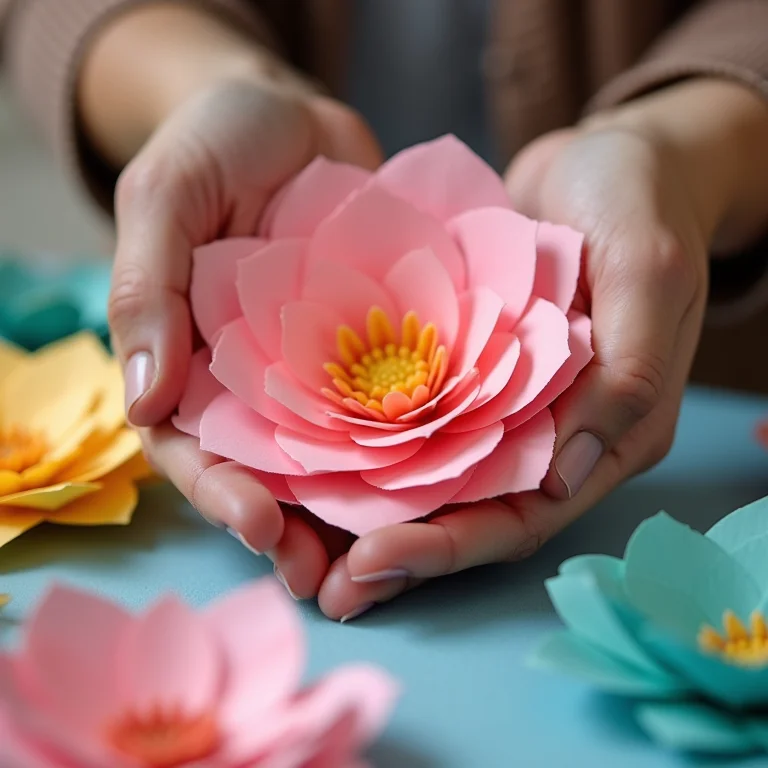 Mãos montando flor de papel 3D com pétalas soltas