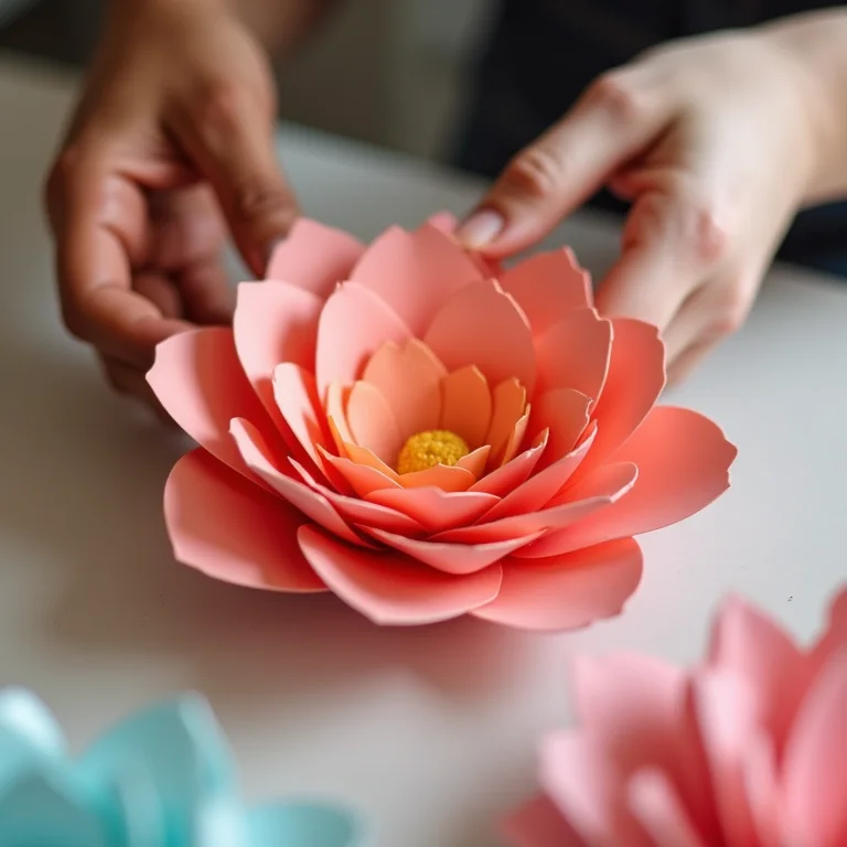 Mãos montando flor de papel com pétalas em camadas