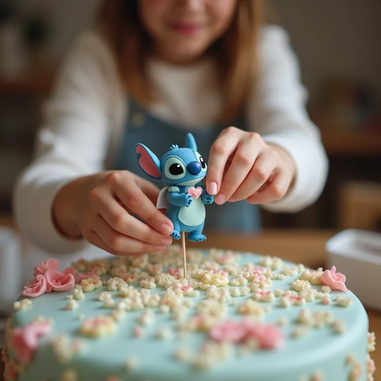 Mãos montando um topo de bolo do Stitch e Angel