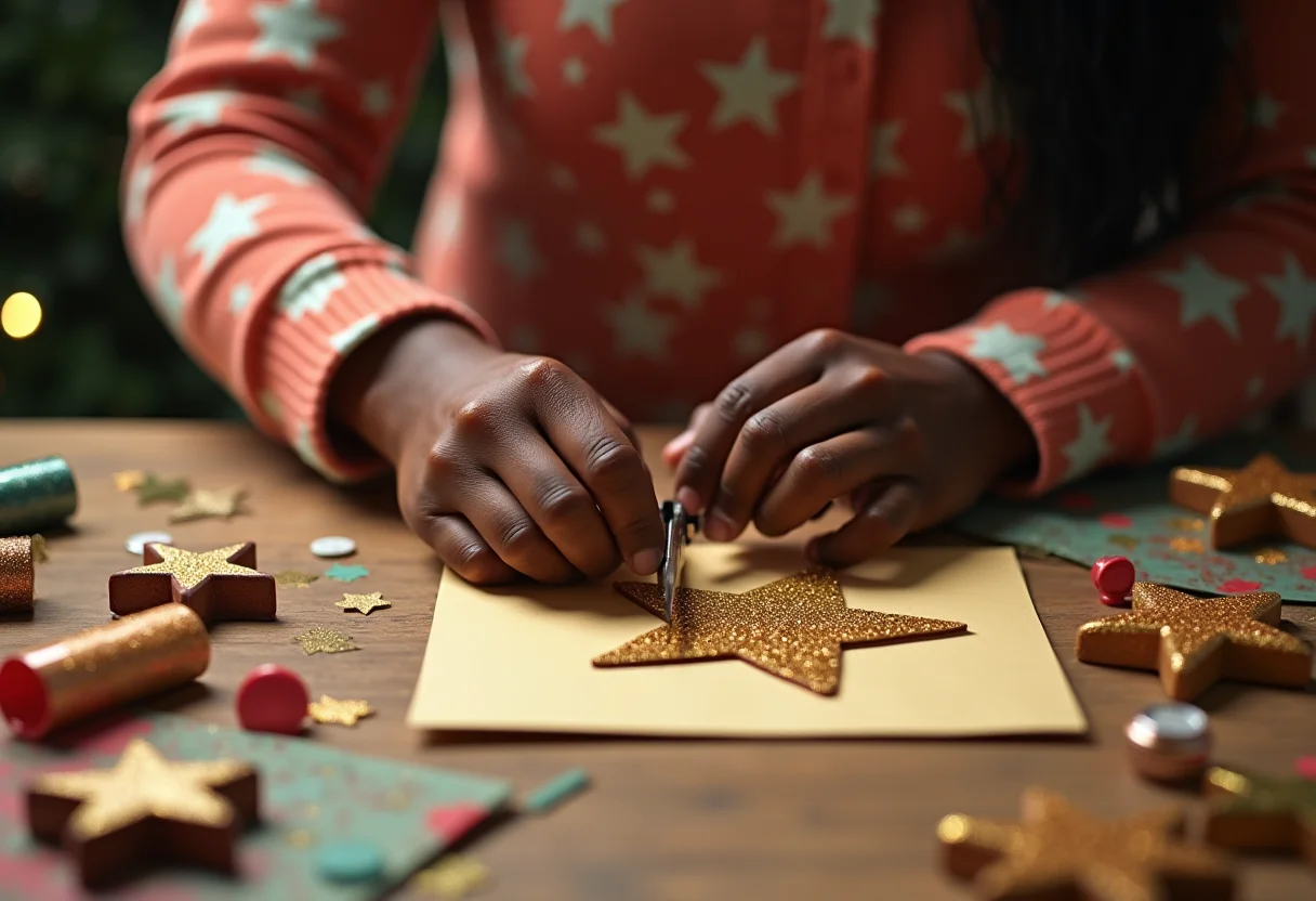 Estrela de Natal para Imprimir: 5 Moldes Lindos e Fáceis Mãos negras recortando estrela de Natal clássica em papel dourado