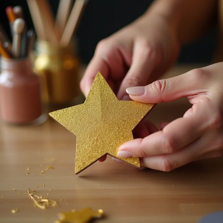 Mãos pintando estrela de papelão com glitter dourado