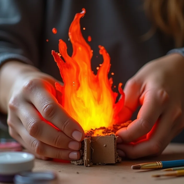 Mãos pintando fogueira fake de papelão para festa junina