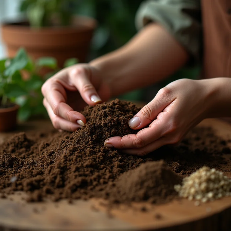 Mãos preparando o substrato ideal para plantar rúcula em vaso.