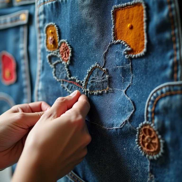 Mãos reaproveitando jeans velho em um painel de parede decorativo com patches coloridos
