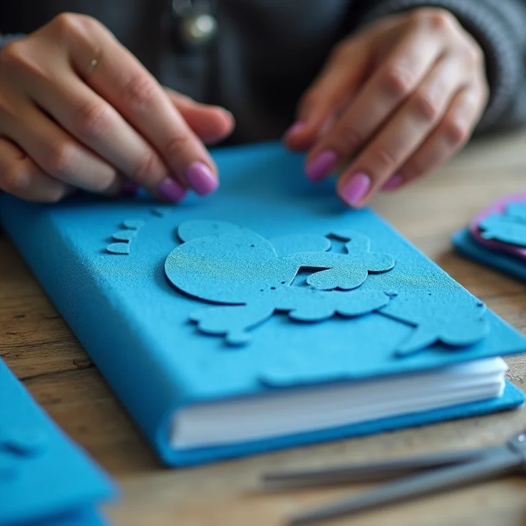 Mãos recortando EVA azul para criar capa de caderno do Stitch