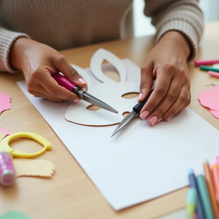 Mãos recortando máscara de coelho de papel