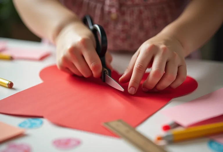 Mãos recortando molde de coração de papel vermelho