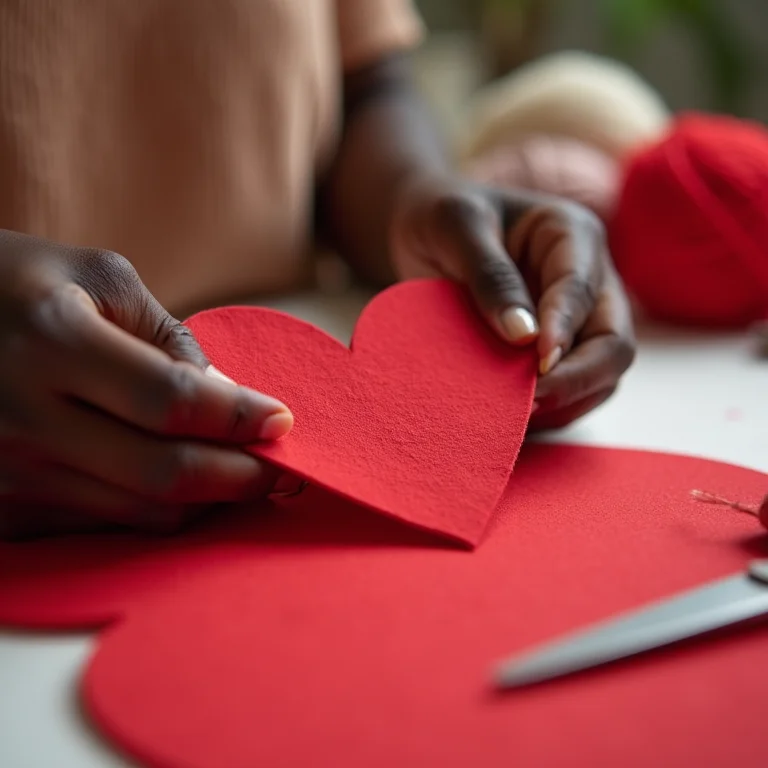 Mãos recortando molde de coração em feltro vermelho