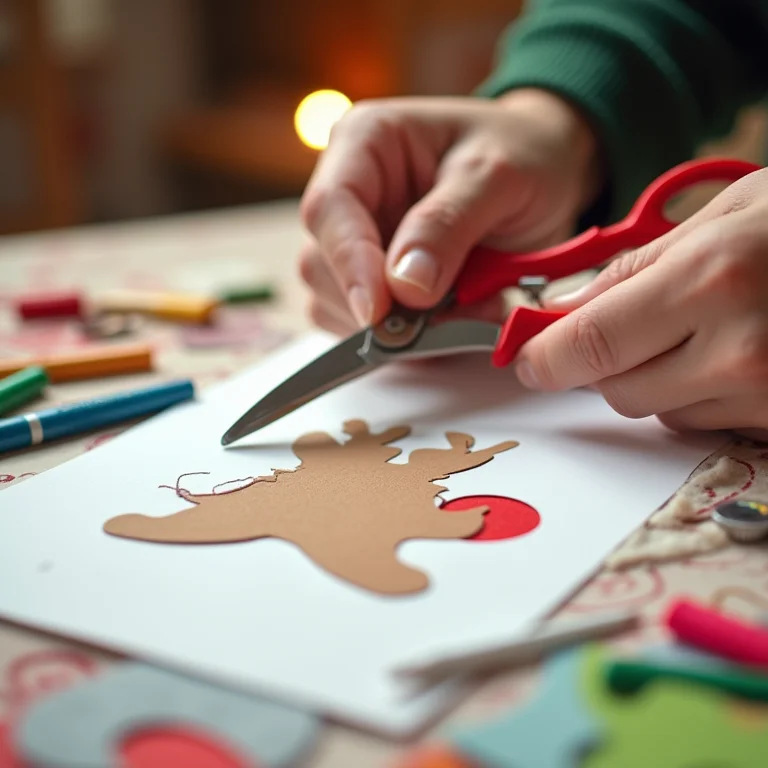Mãos recortando molde de rena de Natal impresso