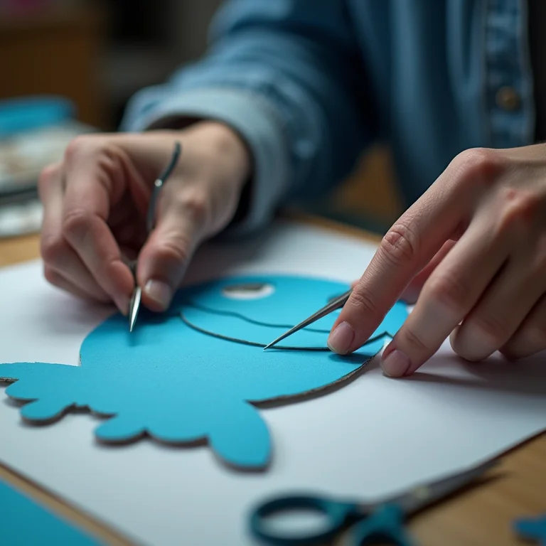 Mãos recortando um molde de papel do Stitch