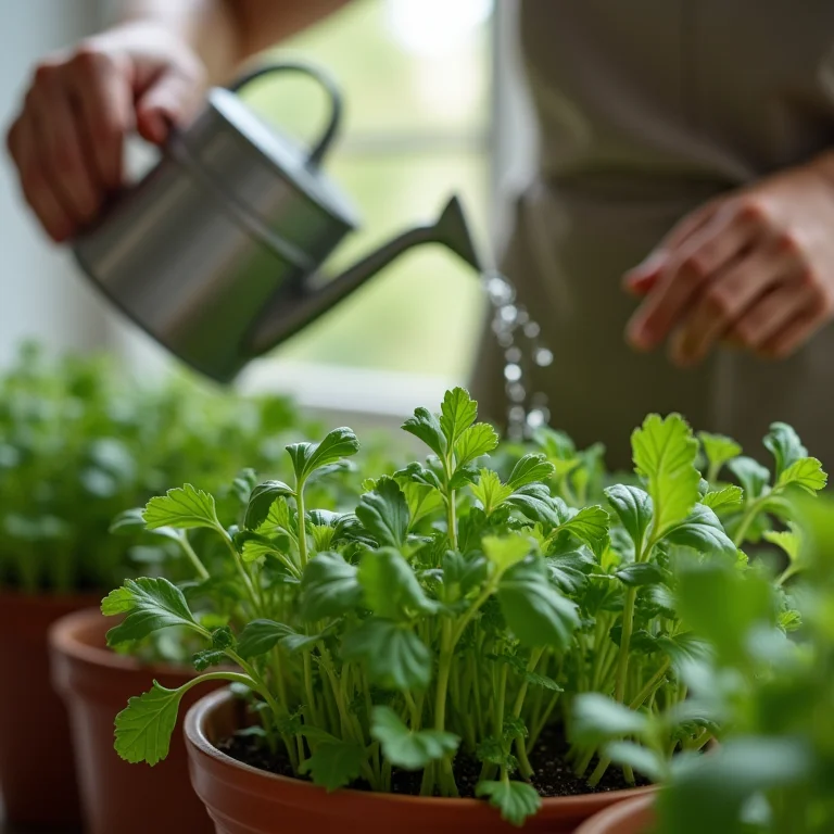 Mãos regando delicadamente as plantas de rúcula em vaso.