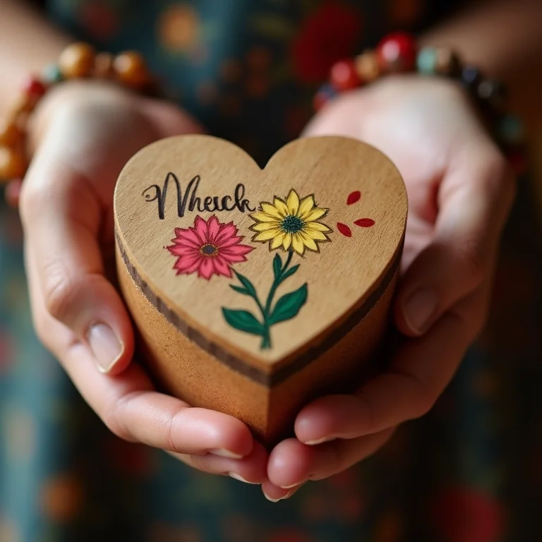 Mãos segurando caixa de madeira em formato de coração decorada e personalizada