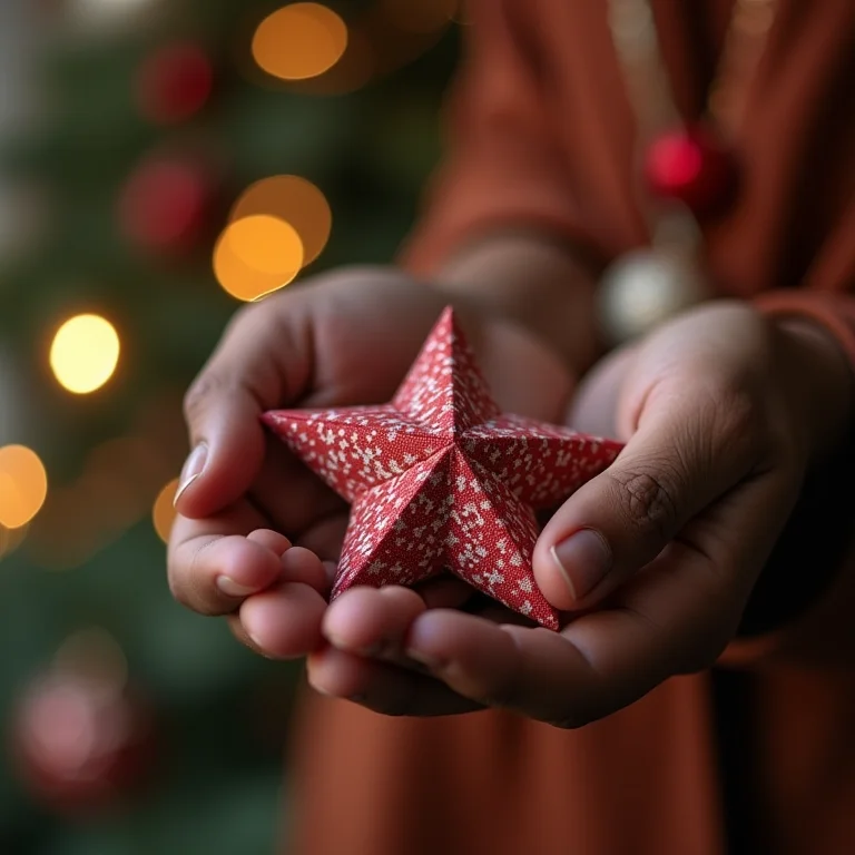 Mãos segurando estrelas de tecido para decoração de Natal