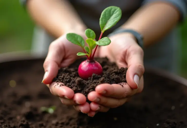 Mãos segurando muda de beterraba em vaso com terra fértil
