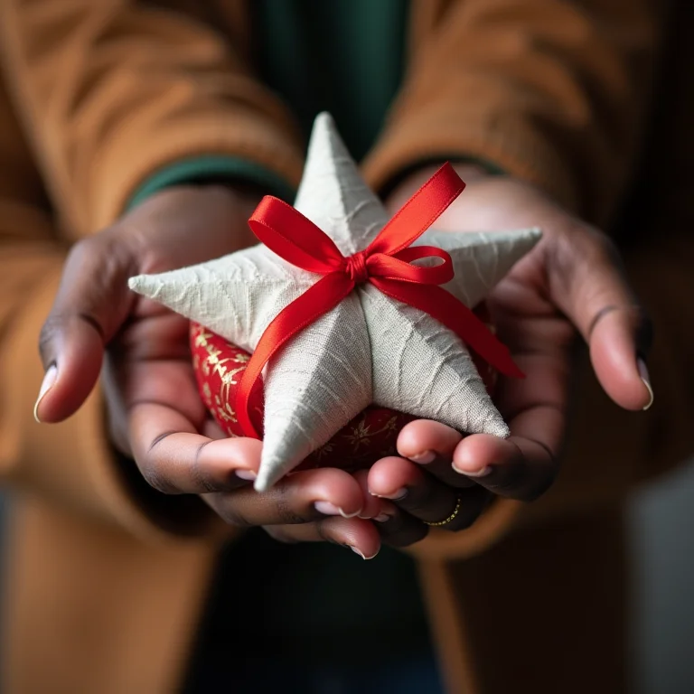 Mãos segurando presente em formato de estrela feito de tecido com laço