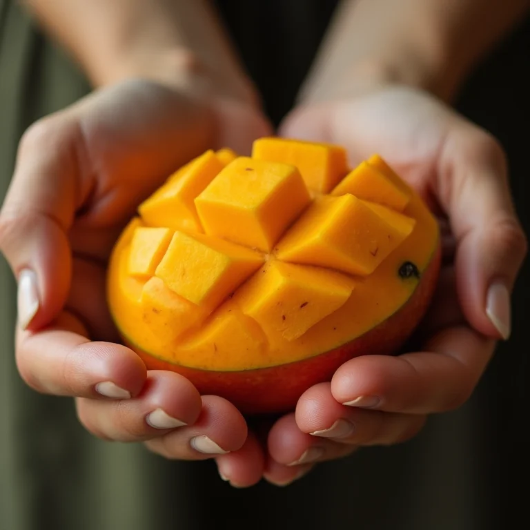 Mãos segurando uma manga madura com atenção plena