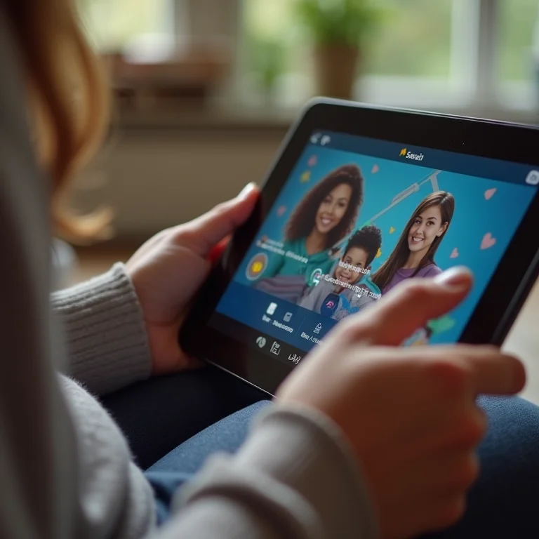 Mãos selecionando série infantil em tablet.