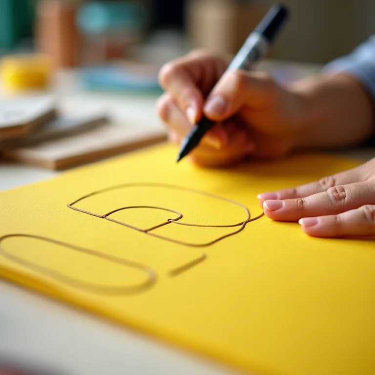 Mãos traçando molde de letra em folha de EVA amarela