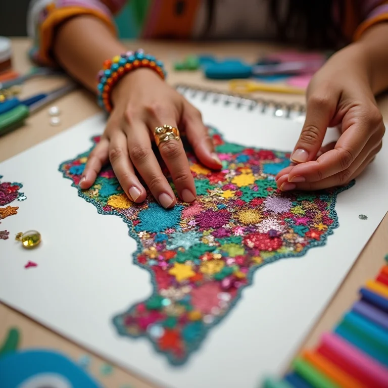 Mapa do Brasil sendo preenchido com colagens de diferentes materiais