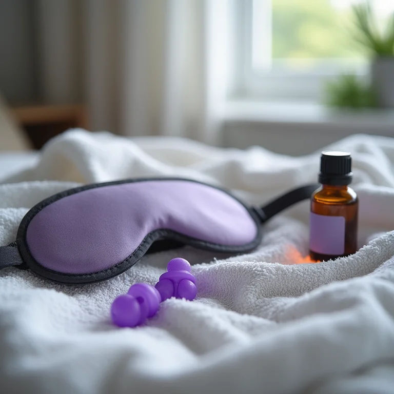 Máscara de dormir, protetores auriculares e óleo essencial de lavanda sobre toalha de linho.