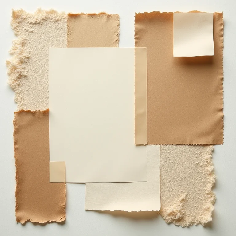 Materiais de colagem, incluindo papéis, tecidos e adesivos.