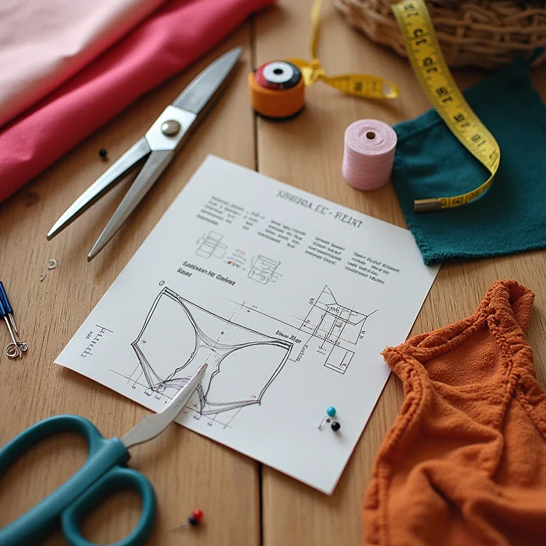 Materiais de costura e tecidos para biquíni organizados em uma mesa.