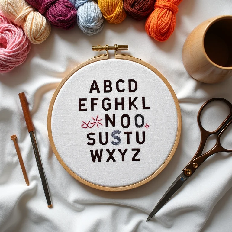 Materiais para bordado em ponto cruz dispostos de forma criativa: linhas, agulhas, tecido e bastidor.