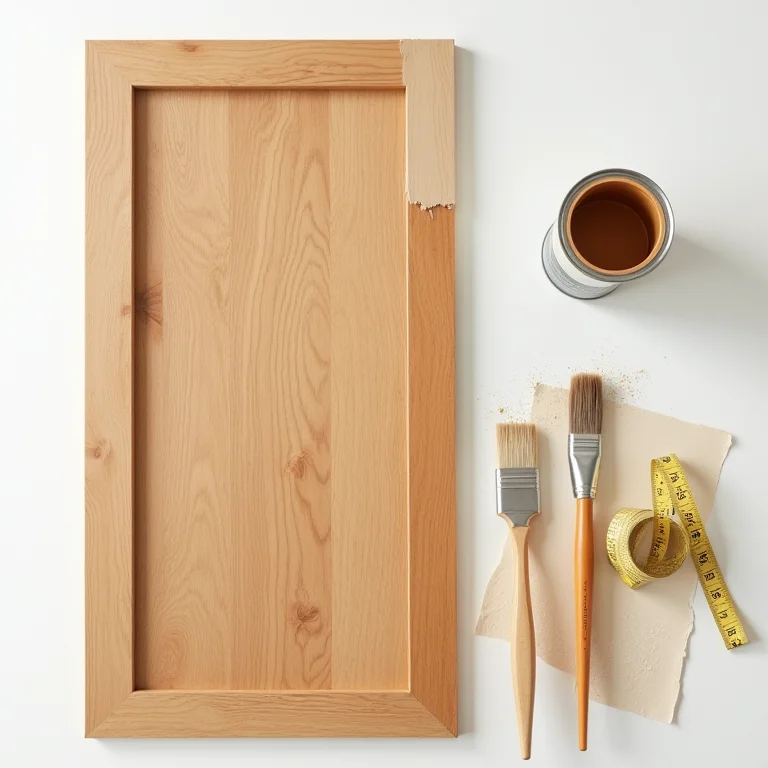 Materiais para envernizar porta: verniz, pincel, lixa e trena.