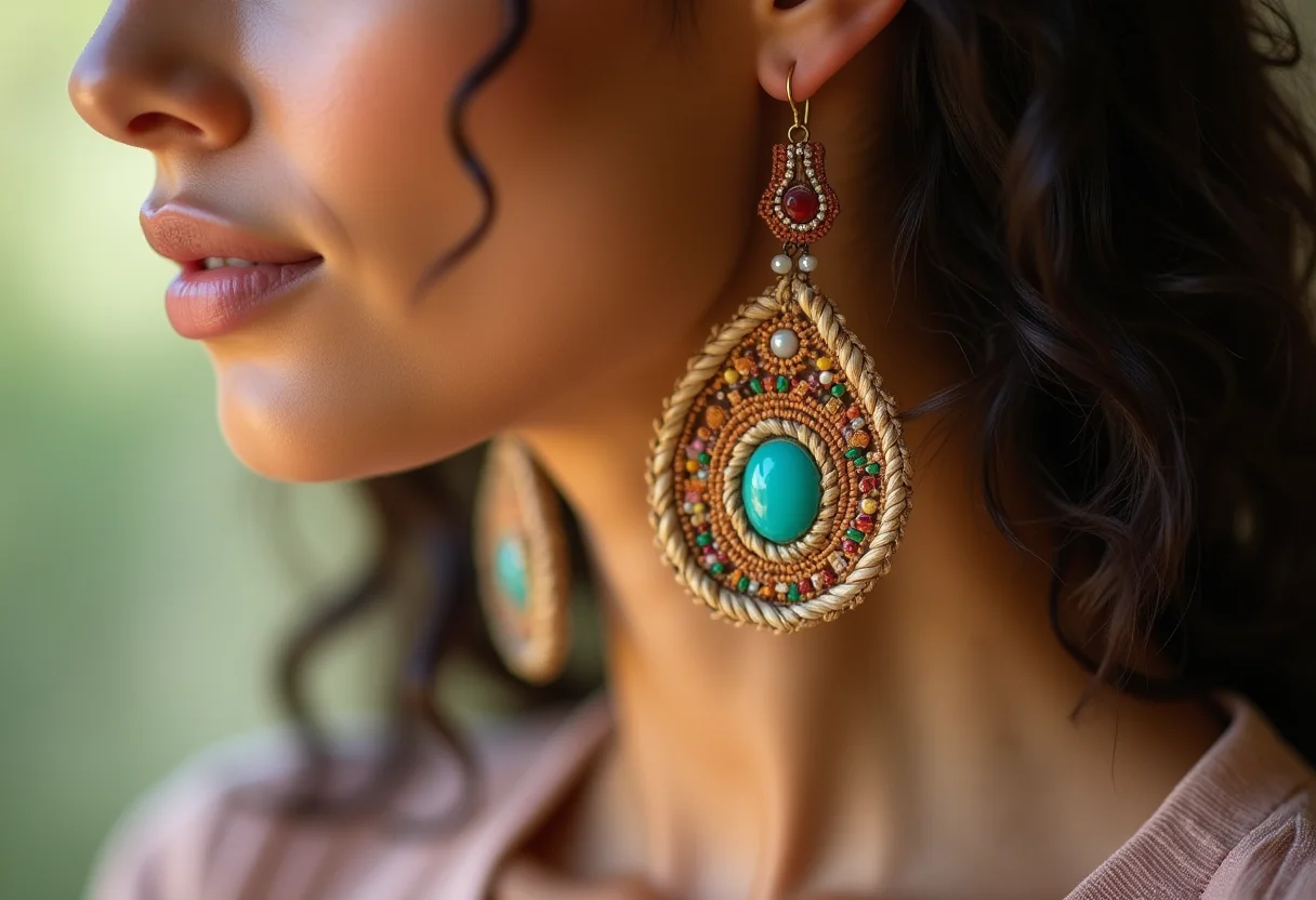 Maxi brincos artesanais: o toque boho-chic que você precisa ter Maxi brincos artesanais de fibra natural com detalhes em pedras coloridas