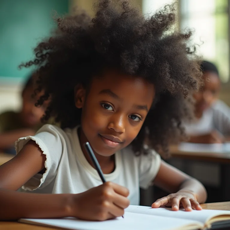 Menina negra escrevendo em sala de aula