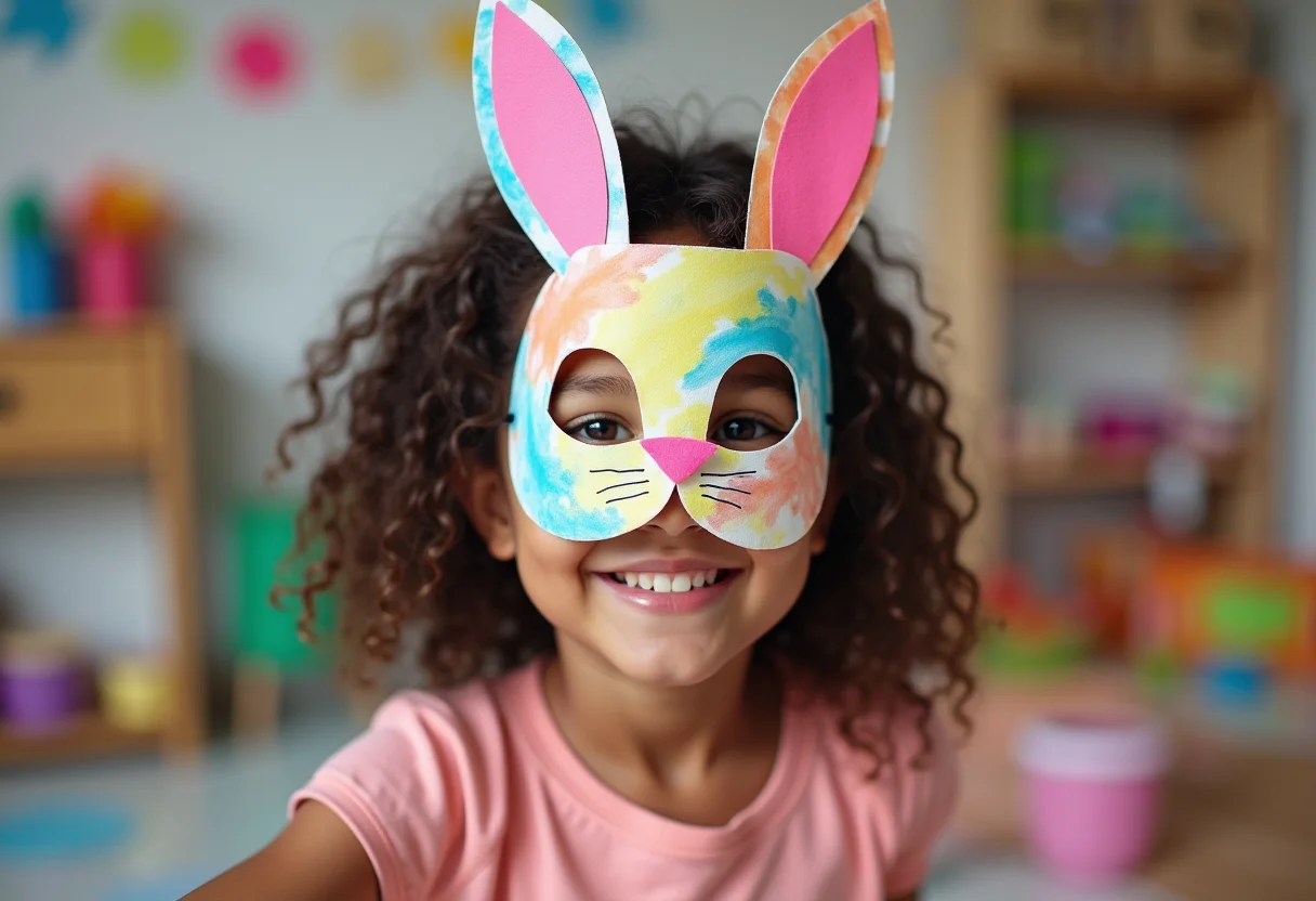 Menina sorrindo usando máscara de coelho artesanal