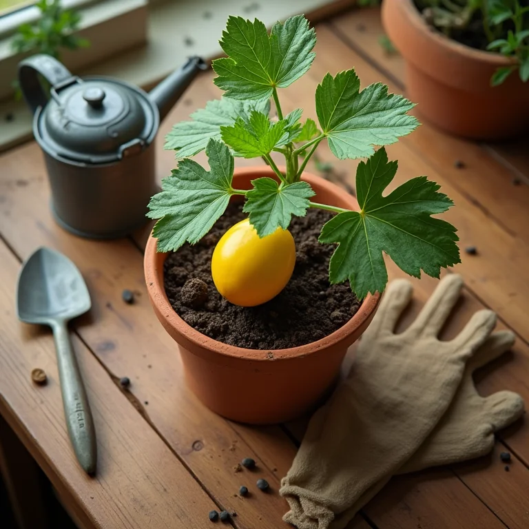 Mesa com ferramentas de jardinagem e vaso com muda de melancia amarela
