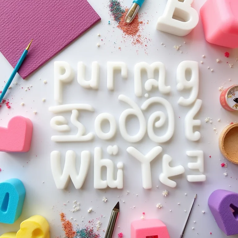 Mesa de artesanato com diversos moldes de silicone para letras e materiais coloridos