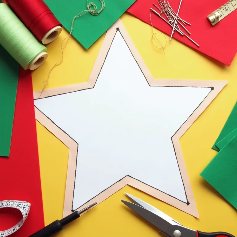 Mesa de artesanato com molde de estrela, feltro colorido e materiais de costura