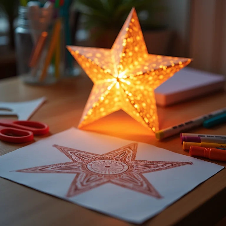 Mesa de artesanato com molde de estrela impresso e luminária de papel pronta