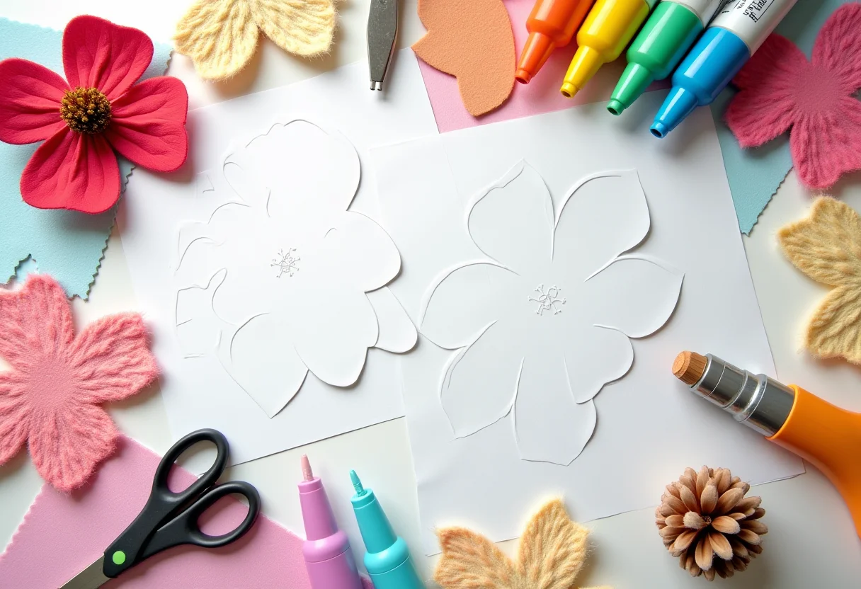 Flores para Imprimir: Atividade relaxante e decore sua casa Mesa de artesanato com moldes de flores impressos, canetas coloridas e tesoura.