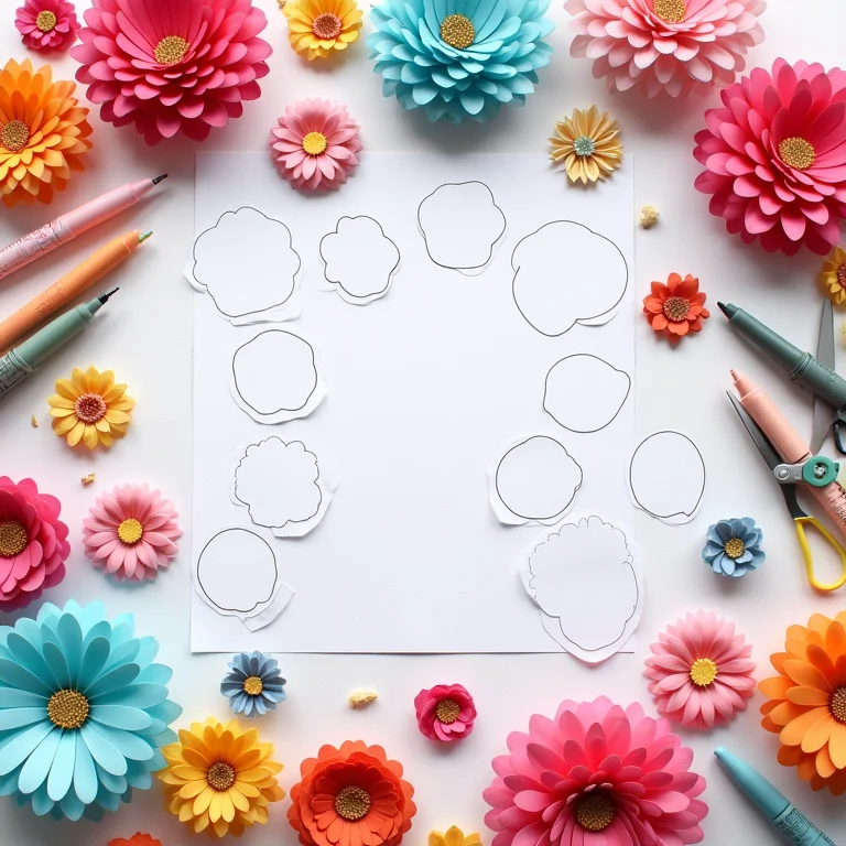 Mesa de artesanato com moldes de flores impressos e materiais coloridos