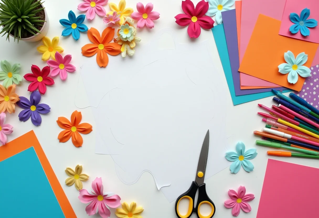 Molde de flores: o truque genial para decorar e economizar Mesa de artesanato com moldes de flores impressos, tesouras e materiais coloridos