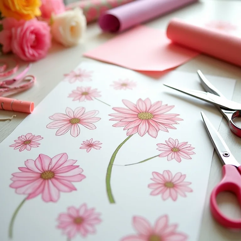 Mesa de artesanato com moldes e materiais para criar flores de papel