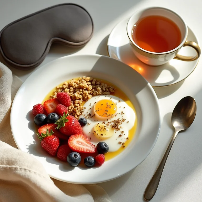 Mesa de café da manhã saudável com máscara de sono e chá.