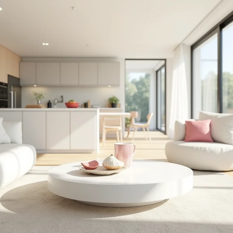 Mesa de centro branca em cozinha americana com cores claras
